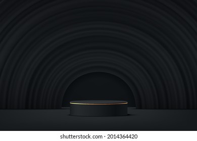 Abstract 3D black and gold cylinder pedestal podium with black semi circle fabric wave texture backround. Luxury dark minimal wall scene for product display presentation. Vector rendering platform.