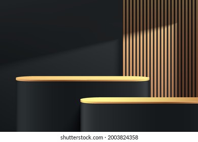 Abstract 3D black, gold round pedestal podium with golden vertical stripes and shadow. Luxury dark minimal wall scene. Modern vector rendering geometric platform for product display presentation. 