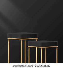 Abstract 3D black and gold round corner cube pedestal or stand podium with luxury dark minimal wall scene for product display presentation. Vector geometric rendering platform design.
