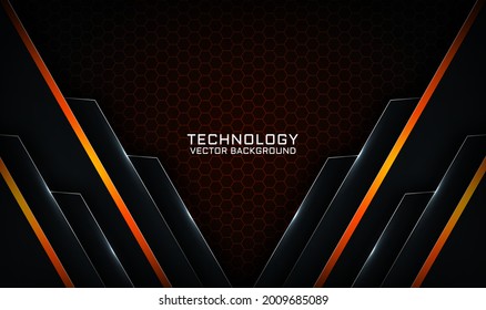 Abstract 3D black and orange techno background overlap layers on dark space with white light effect decoration. Modern template element future style for flyer, card, cover, brochure, or landing page