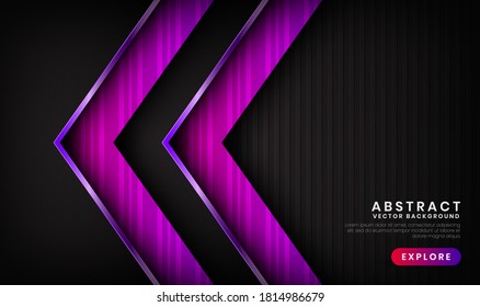 Abstract 3D black and purple metallic background with shiny effect. Overlap layers on dark space with stripes patterns. Modern graphic design template elements for banner, flyer, cover, or brochure