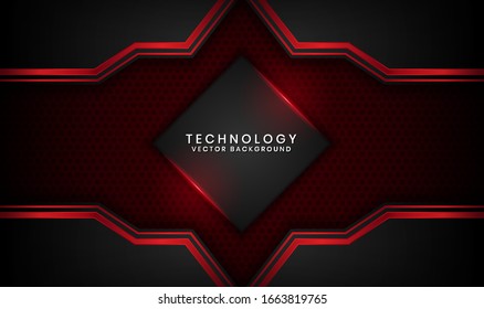 Abstract 3D black and red metallic techno background. Overlap layer on dark space with light effect decoration. Modern graphic design template for poster, cover, flyer, or brochure elements