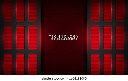Abstract 3D black and red metallic techno background. Overlap layer on dark space with light effect decoration. Modern graphic design template for poster, cover, flyer, or brochure elements