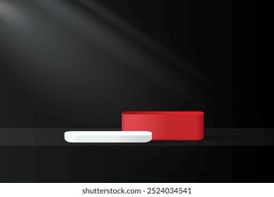 Abstractas fondo de podio negro y rojo 3D. Maqueta minimalista moderna para presentación de productos. Podio de pedestal de cilindro negro realista. Escaparate geométrico con espacio de copia. 
