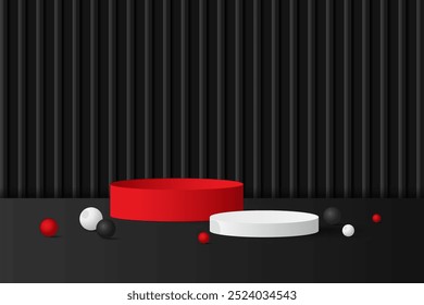 Abstract 3D black and red podium background. Modern minimalist mockup for product display presentation. Realistic black cylinder pedestal podium. Geometric stage showcase with copy space. 