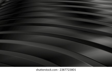 Abstract 3d black smooth curves lines background. Futuristic background. Black curvy pattern surface. Minimalist geometric cover design. Warped black stripes. Luxurious black line background. Vector.