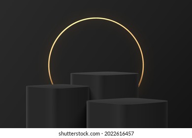 Abstract 3D black steps round corner cube pedestal or stand podium with glowing golden ring backdrop. Dark minimal wall scene for product display presentation. Vector geometric rendering platform.