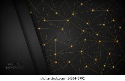 Abstract 3D black techno background overlap layer on dark space with futuristic golden network shape decoration. Modern graphic design template elements for banner, card, flyer and brochure.