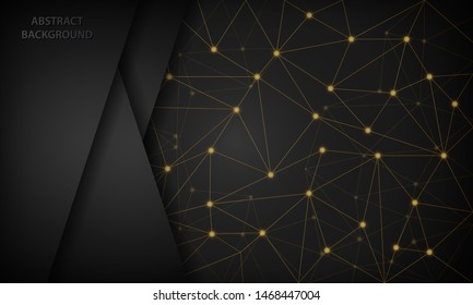 Abstract 3D black techno background overlap layer on dark space with futuristic golden network shape decoration. Modern graphic design template elements for banner, card, flyer and brochure.