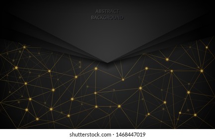 Abstract 3D black techno background overlap layer on dark space with futuristic golden network shape decoration. Modern graphic design template elements for banner, card, flyer and brochure.