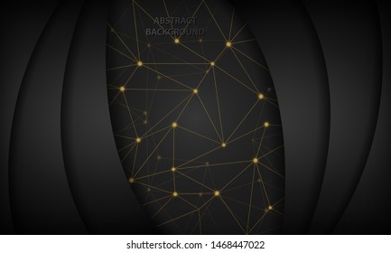Abstract 3D black techno background overlap layer on dark space with futuristic golden network shape decoration. Modern graphic design template elements for banner, card, flyer and brochure.