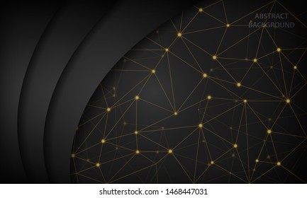 Abstract 3D black techno background overlap layer on dark space with futuristic golden network shape decoration. Modern graphic design template elements for banner, card, flyer and brochure.