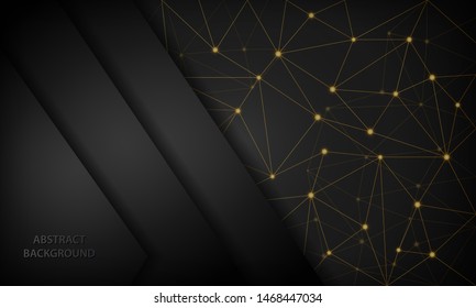 Abstract 3D black techno background overlap layer on dark space with futuristic golden network shape decoration. Modern graphic design template elements for banner, card, flyer and brochure.