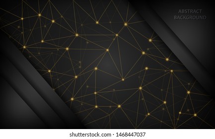 Abstract 3D black techno background overlap layer on dark space with futuristic golden network shape decoration. Modern graphic design template elements for banner, card, flyer and brochure.