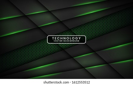 Abstract 3D black techno background overlap layers on dark space with green light effect decoration. Modern graphic design template elements for poster, flyer, brochure, landing page, or banner