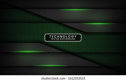 Abstract 3D black techno background overlap layers on dark space with green light effect decoration. Modern graphic design template elements for poster, flyer, brochure, landing page, or banner