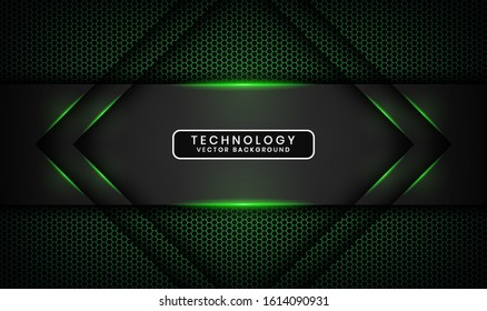 Abstract 3D black techno background overlap layers on dark space with green light effect decoration. Modern graphic design template elements for poster, flyer, brochure, landing page, or banner