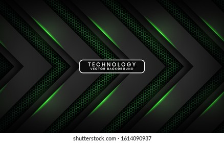 Abstract 3D Black Techno Background Overlap Layers On Dark Space With Green Light Effect Decoration. Modern Graphic Design Template Elements For Poster, Flyer, Brochure, Landing Page, Or Banner