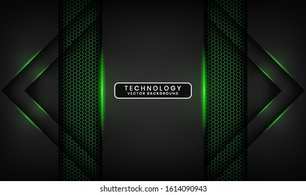 Abstract 3D black techno background overlap layers on dark space with green light effect decoration. Modern graphic design template elements for poster, flyer, brochure, landing page, or banner