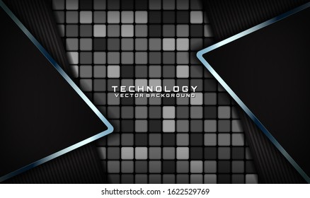 Abstract 3D black techno background with metallic lines. Overlap layer on dark space with random square decoration. Modern graphic design template for poster, flyer, brochure, or landing page elements