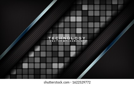 Abstract 3D black techno background with metallic lines. Overlap layer on dark space with random square decoration. Modern graphic design template for poster, flyer, brochure, or landing page elements