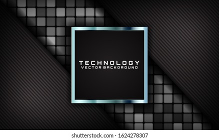 Abstract 3D black techno background with metallic lines. Overlap layer on dark space with random square decoration. Modern graphic design template for poster, flyer, brochure, or landing page elements