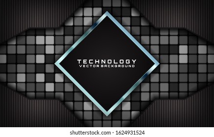 Abstract 3D black techno background with metallic lines. Overlap layer on dark space with random square decoration. Modern graphic design template for poster, flyer, brochure, or landing page elements