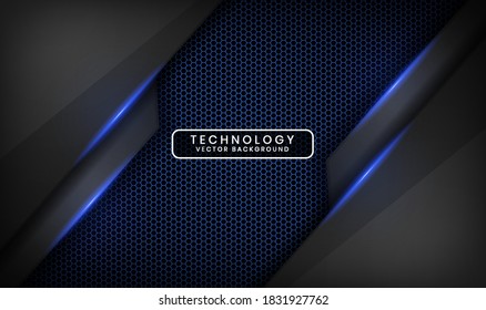 Abstract 3D black techno background overlap layers on dark space with blue light effect decoration. Modern graphic design template elements for poster, flyer, brochure, landing page, or banner