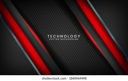 Abstract 3D black techno background overlap layers on dark space with red light effect decoration. Modern graphic design template elements for poster, flyer, cover, brochure, landing page, or banner