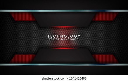 Resumen de capas de fondo tecno negro 3D superpuestas en el espacio oscuro con decoración de efecto luz roja. Elementos modernos de plantilla de diseño gráfico para afiche, volante, portada, folleto, página de inicio o banner