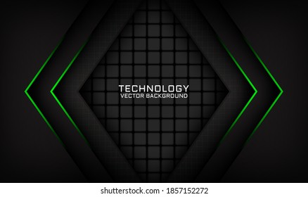 Abstract 3D black techno background overlap layers on dark space with green light effect decoration. Modern graphic design template elements for poster, flyer, card, cover, brochure, or landing page