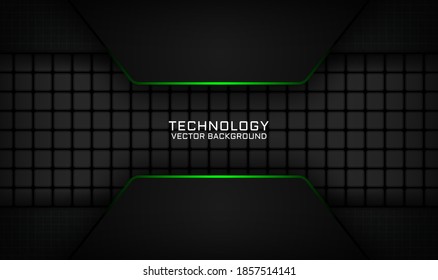 Abstract 3D Black Techno Background Overlap Layers On Dark Space With Green Light Effect Decoration. Modern Graphic Design Template Elements For Poster, Flyer, Card, Cover, Brochure, Or Landing Page