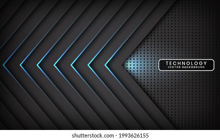 Resumen de capas de fondo tno negro 3D superpuestas en el espacio oscuro con decoración de efecto de flecha azul. Estilo de elemento de plantilla de diseño moderno para volante, tarjeta, portada, folleto o página de inicio