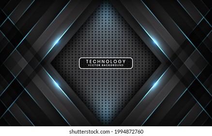 Abstract 3D black techno background overlap layers on dark space with blue light line effect decoration. Modern design template element style for flyer, card, cover, brochure, or landing page