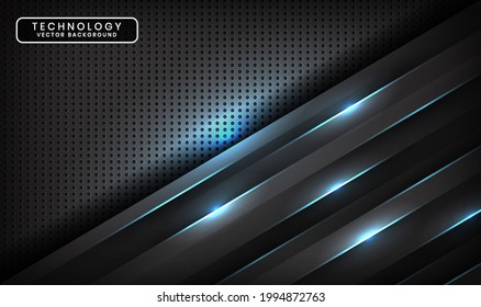 Abstract 3D black techno background overlap layers on dark space with blue light line effect decoration. Modern design template element style for flyer, card, cover, brochure, or landing page