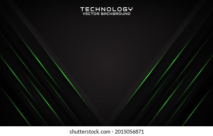 Abstract 3d black techno background overlap layers on dark space with geometry green lines decoration. Modern design template element future style for flyer, card, cover, brochure, or landing page