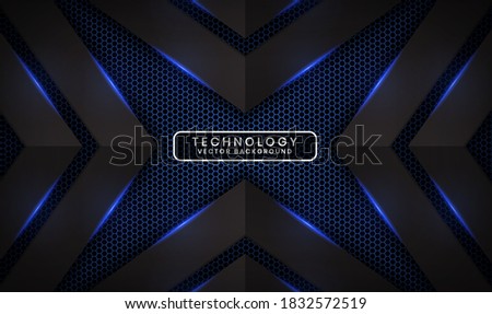 Abstract 3D black techno background overlap layers on dark space with blue light effect decoration. Modern graphic design template elements for poster, flyer, brochure, landing page, or banner