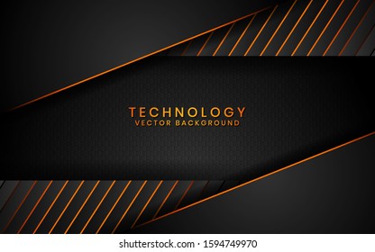 Abstract 3D black technology background overlap layers on dark space with orange light effect decoration. Modern graphic design template elements for poster, flyer, brochure, or banner
