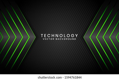 Abstract 3D black technology background overlap layers on dark space with green light effect decoration. Modern graphic design template elements for poster, flyer, brochure, or banner
