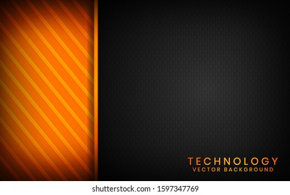 Abstract 3D black technology background overlap layers on dark space with orange light effect decoration. Modern graphic design template elements for poster, flyer, brochure, or banner
