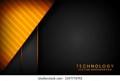 Abstract 3D black technology background overlap layers on dark space with orange light effect decoration. Modern graphic design template elements for poster, flyer, brochure, or banner