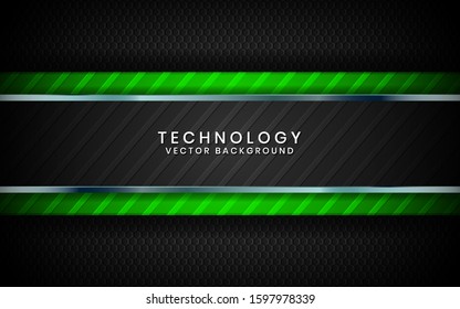 Abstract 3D black technology background overlap layers on dark space with green light effect decoration. Modern graphic design template elements for poster, flyer, brochure, or banner