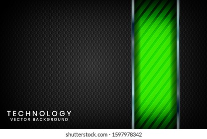 Abstract 3D black technology background overlap layers on dark space with green light effect decoration. Modern graphic design template elements for poster, flyer, brochure, or banner