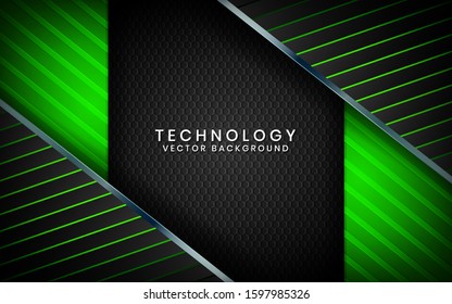 Abstract 3D black technology background overlap layers on dark space with green light effect decoration. Modern graphic design template elements for poster, flyer, brochure, or banner