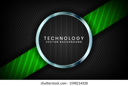 Abstract 3D black technology background overlap layers on dark space with green light effect decoration. Modern graphic design template elements for poster, flyer, brochure, or banner