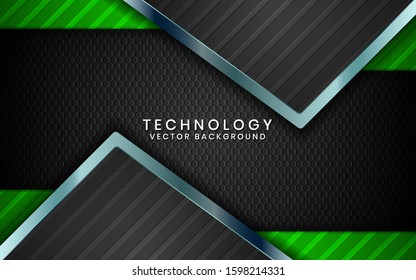 Abstract 3D black technology background overlap layers on dark space with green light effect decoration. Modern graphic design template elements for poster, flyer, brochure, or banner