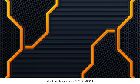Abstract 3D black technology background overlap layers on dark space with orange light effect decoration. Modern graphic design template elements for poster, flyer, brochure, or banner