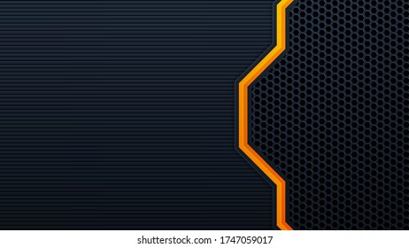 Abstract 3D black technology background overlap layers on dark space with orange light effect decoration. Modern graphic design template elements for poster, flyer, brochure, or banner