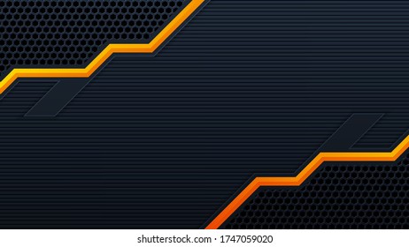 Abstract 3D black technology background overlap layers on dark space with orange light effect decoration. Modern graphic design template elements for poster, flyer, brochure, or banner