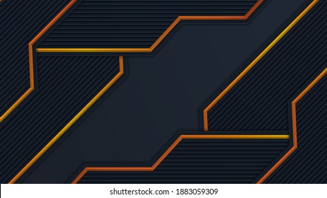 Abstract 3D black technology background overlap layers on dark space with orange light effect decoration. Modern graphic design template elements for poster, flyer, brochure, or banner